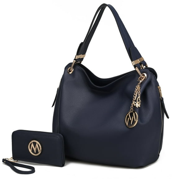 MKF Collection Fabienne Vegan Leather Women's Hobo Bag & Wristlet Wallet, Functional Shoulder Purse Handbag 2 pcs by Mia K - Navy