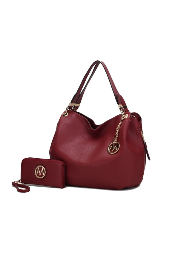 Fabienne Vegan Leather Women's Hobo Bag & Wristlet Wallet, Functional Shoulder Purse Handbag 2 pcs by Mia K - Red