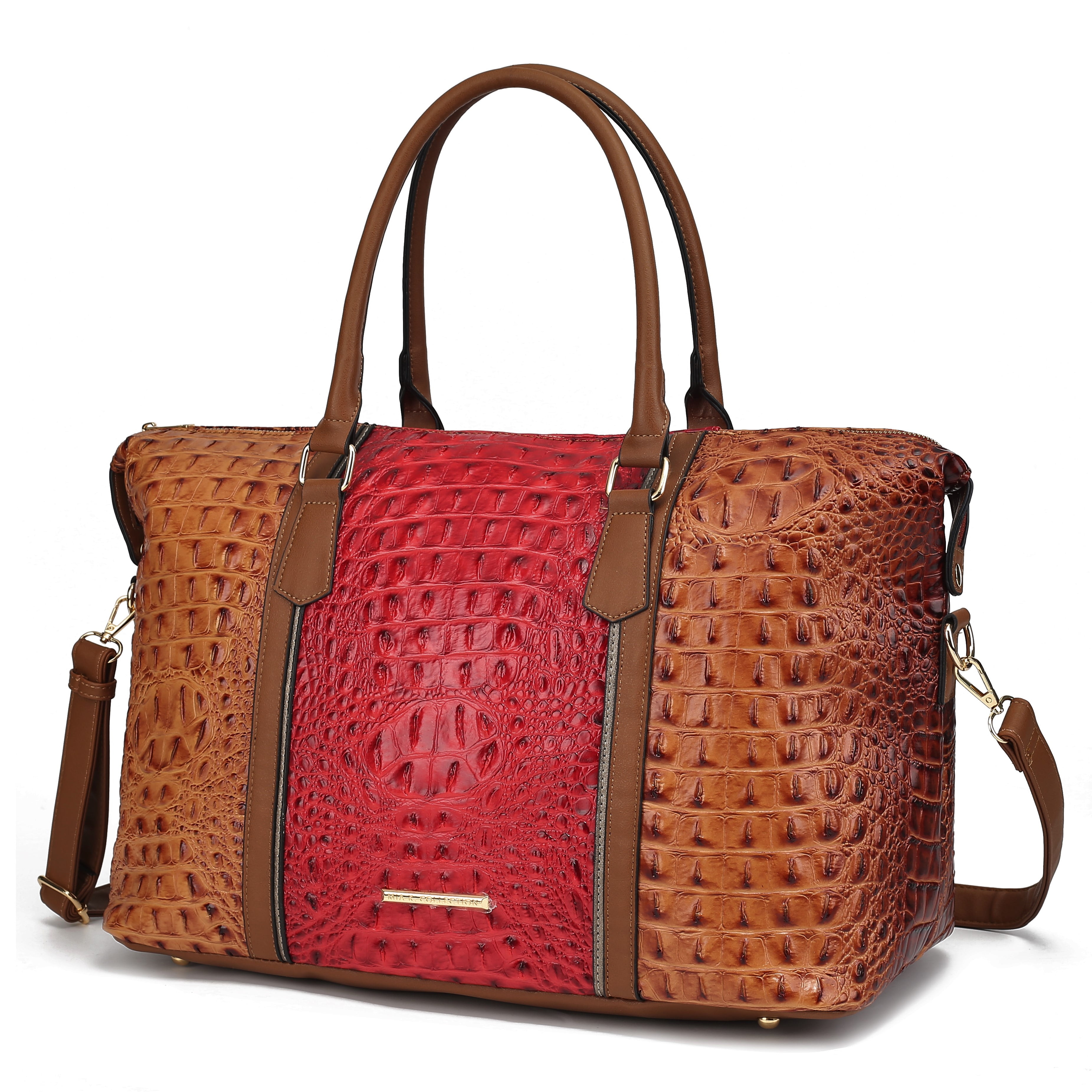 3 PCS Luxe Faux Crocodile Leather Handbag Set, Large Tote, Shoulder Bag,  Purse Wallet (Brown)