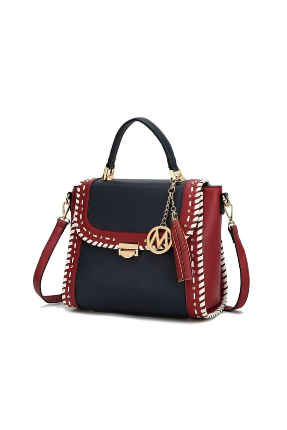 Flora Vegan Leather Women's Satchel Bag, Designer Top-Handle Purse Handbag by Mia K - Navy