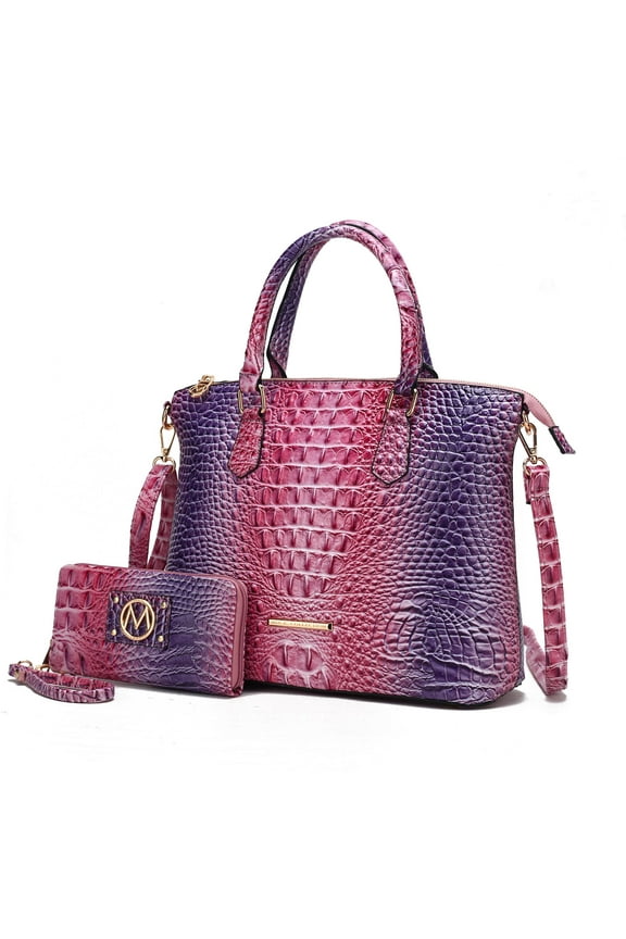 Frankie Women's Tote Bag with Wallet, Gradient Crocodile Vegan Leather Handbag Purse by Mia K - Pink