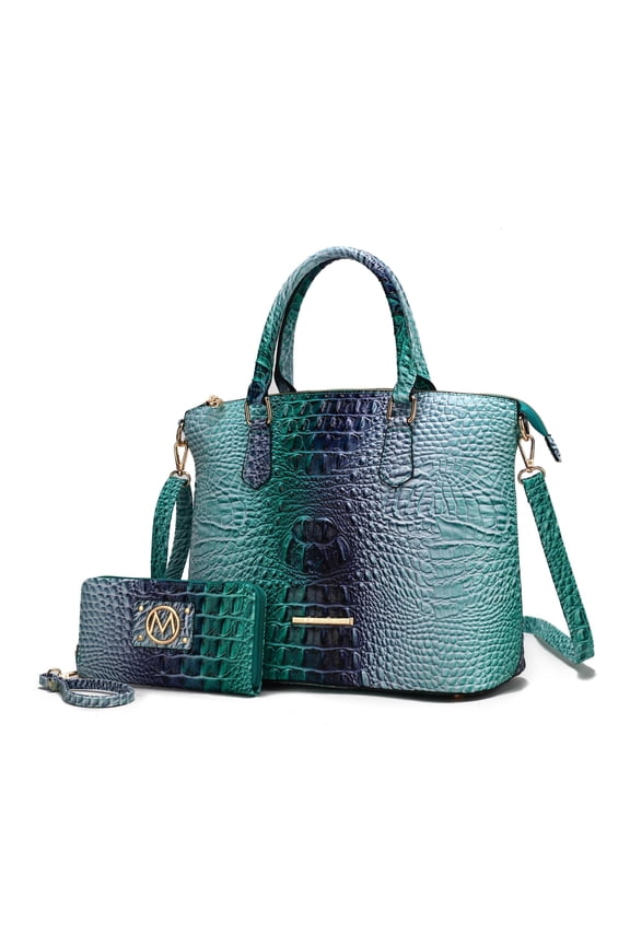 Frankie Women's Tote Bag with Wallet, Gradient Crocodile Vegan Leather Handbag Purse by Mia K - Turquoise Blue