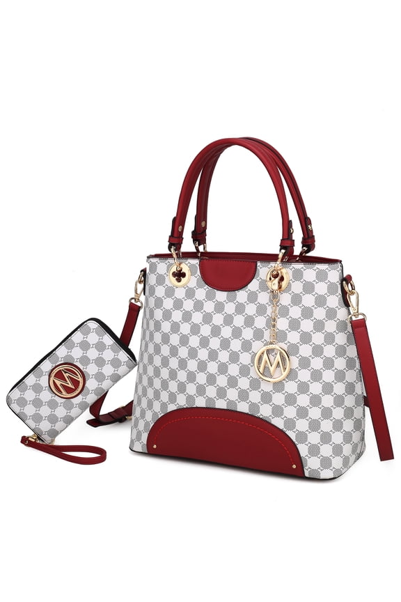 Gabriella Circular Print Women Tote Bag & Wristlet Wallet, Vegan Leather Handbag for Travel Work and School by Mia K - Red