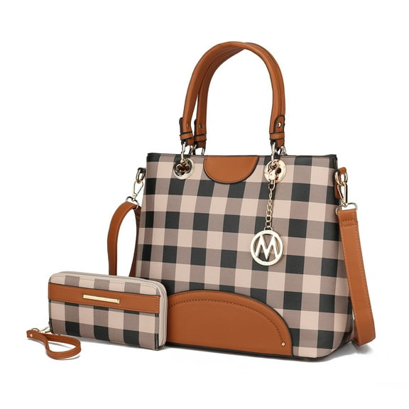MKF Collection Gabriella Women's Tote Bag with Wallet, Checkered Vegan Leather Shoulder Bag Handbag Purse 2Pcs Set by Mia K - Cognac Brown