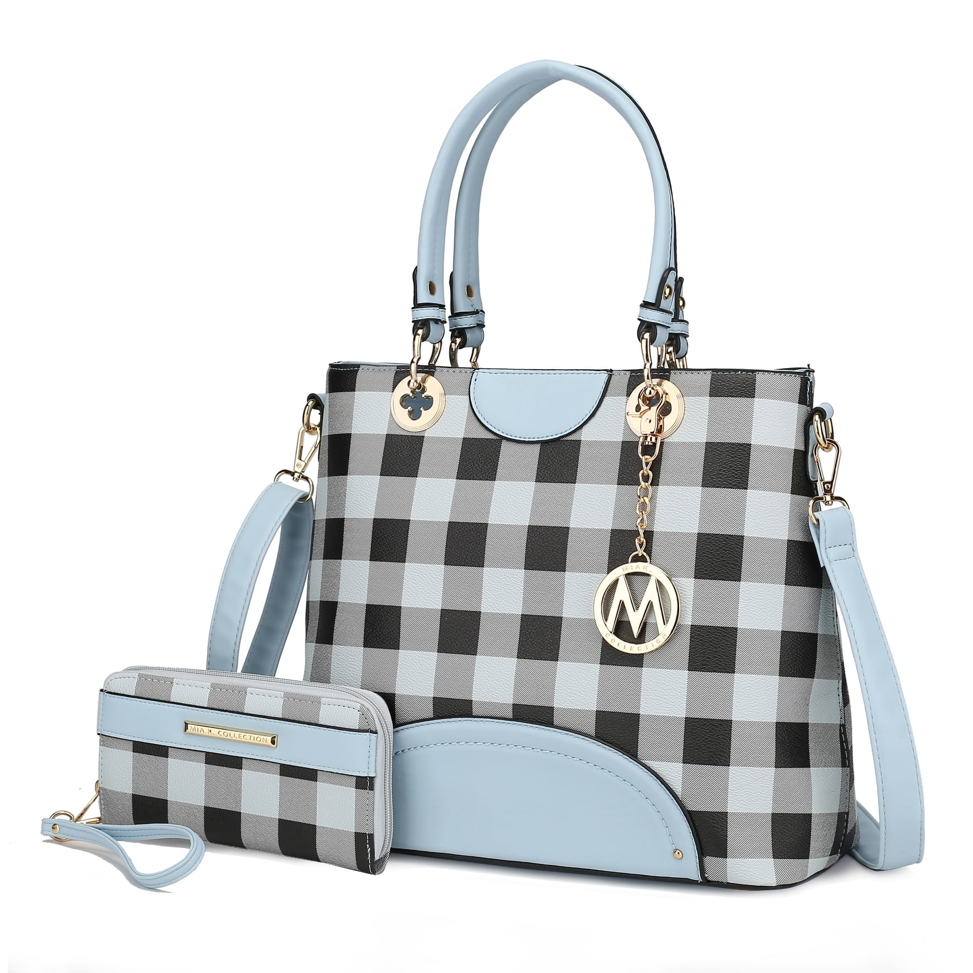 MKF Collection Gabriella Women's Tote Bag with Wallet, Checkered Vegan Leather Shoulder Bag Handbag Purse 2Pcs Set by Mia K - Light Blue