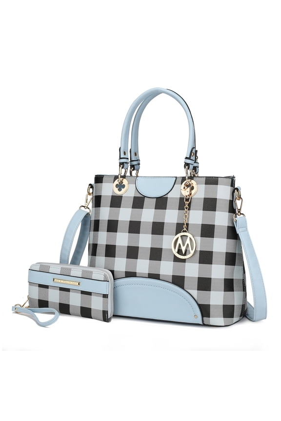 Gabriella Women's Tote Bag with Wallet, Checkered Vegan Leather Shoulder Bag Handbag Purse 2Pcs Set by Mia K - Light Blue