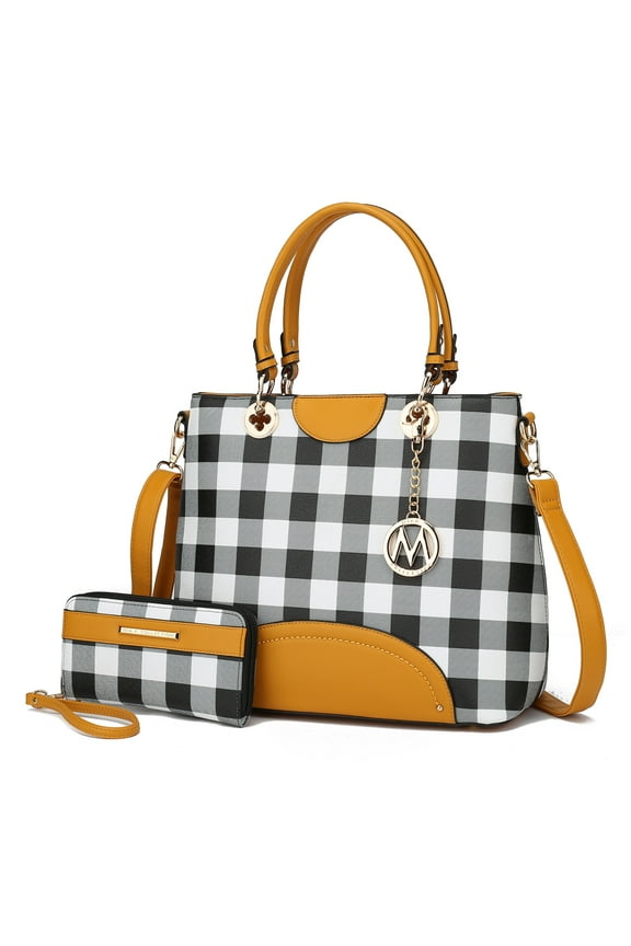 Gabriella Women's Tote Bag with Wallet, Checkered Vegan Leather Shoulder Bag Handbag Purse 2Pcs Set by Mia K - Mustard