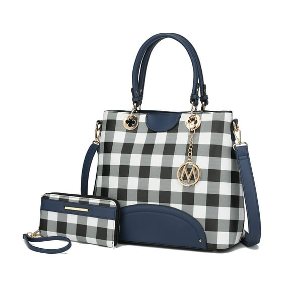 MKF Collection Gabriella Women's Tote Bag with Wallet, Checkered Vegan Leather Shoulder Bag Handbag Purse 2Pcs Set by Mia K - Navy