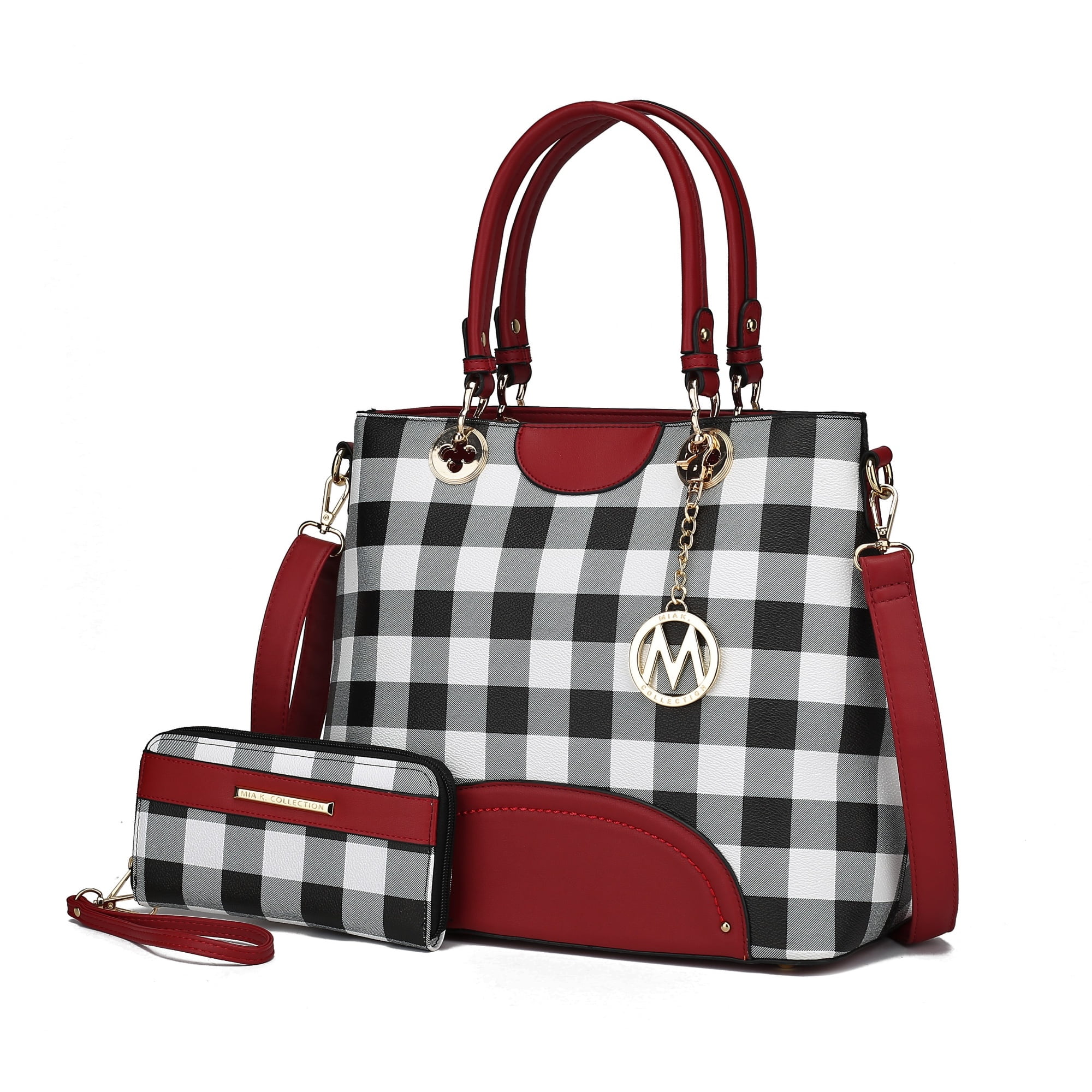 MKF Collection Gabriella Women's Tote Bag with Wallet, Checkered Vegan Leather Shoulder Bag Handbag Purse 2Pcs Set by Mia K - Red