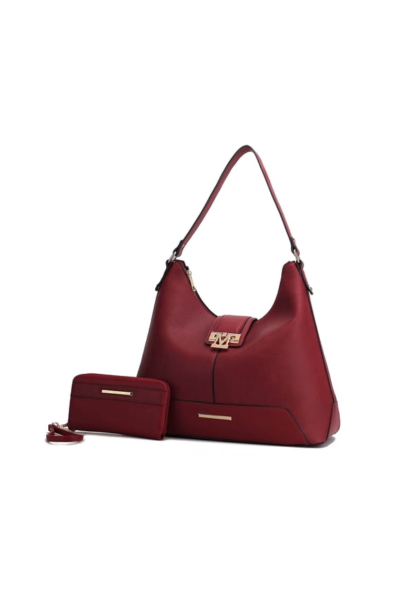 Graciela Women's Hobo Bag & Wallet, Vegan Leather Shoulder Bag 2pcs Set Handbag by Mia K. - Wine