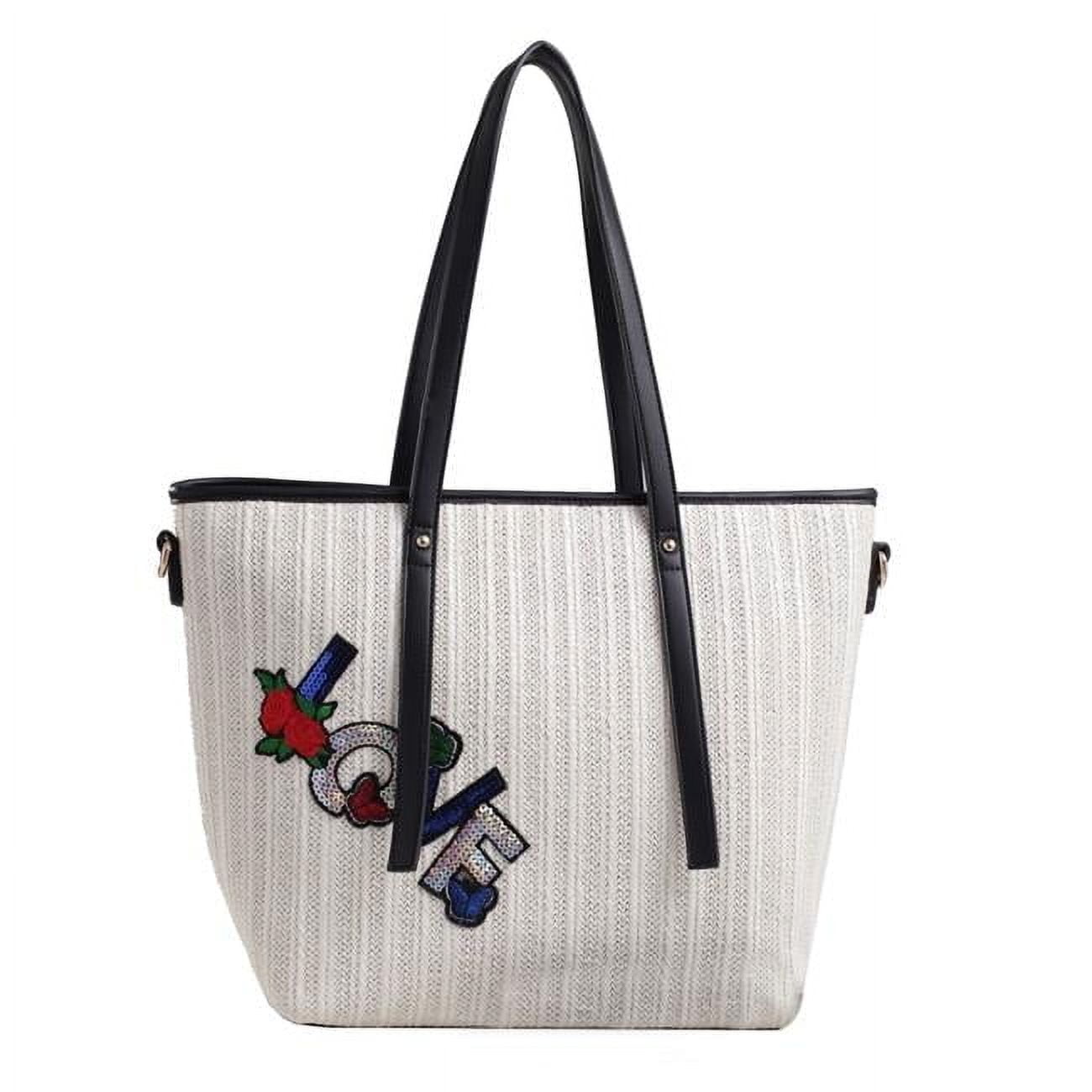 White Woven Faux Leather Crossbody Tote Bag with Decorative Patch