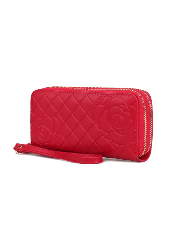 Honey Women’s Genuine Leather Quilted Flower-Embossed Wristlet Wallet by Mia K - Red