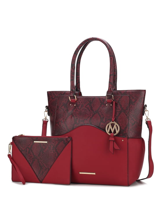 Iris Women's Tote Bag, Snake-Embossed Vegan Leather Handbag Purse For Travel and Work by Mia K. - Red