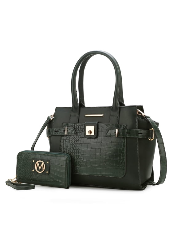 Isla Women's Satchel Bag with wallet Crocodile Vegan Leather Shoulder Bag 2Pcs Handbag Purse by Mia K - Forest Green