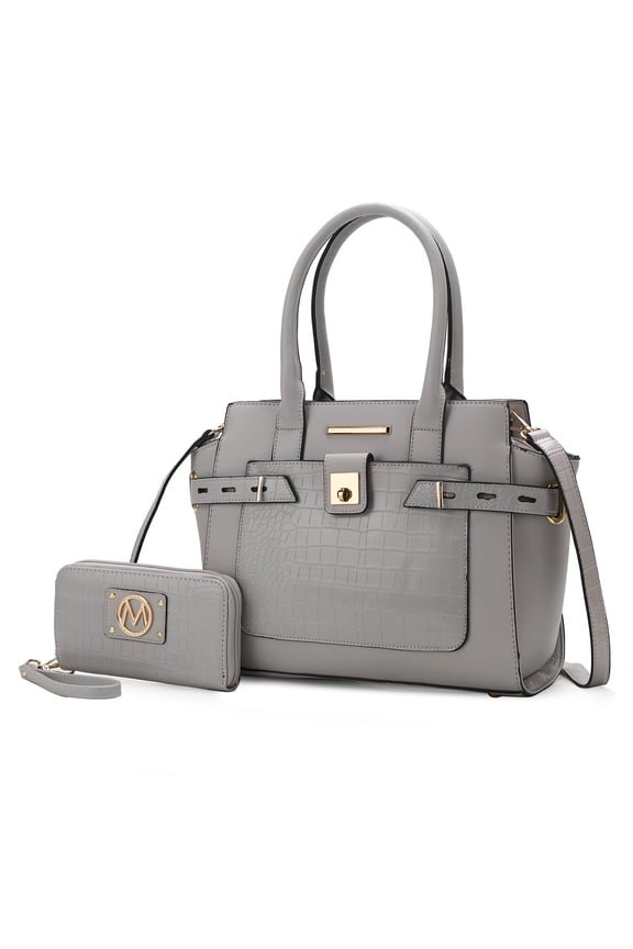 Isla Women's Satchel Bag with wallet Crocodile Vegan Leather Shoulder Bag 2Pcs Handbag Purse by Mia K - Gray