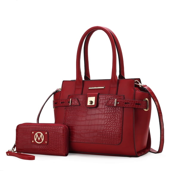 MKF Collection Isla Women's Satchel Bag with wallet Crocodile Vegan Leather Shoulder Bag 2Pcs Handbag Purse by Mia K - Red