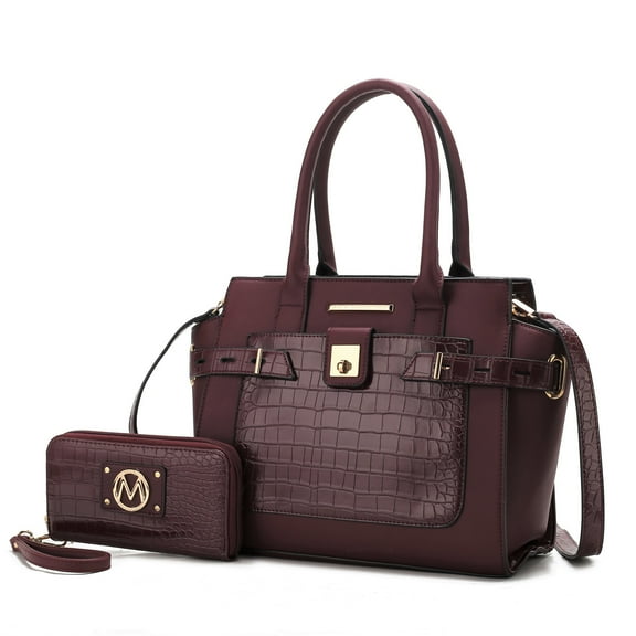 MKF Collection Isla Women's Satchel Bag with wallet Crocodile Vegan Leather Shoulder Bag 2Pcs Handbag Purse by Mia K - Wine