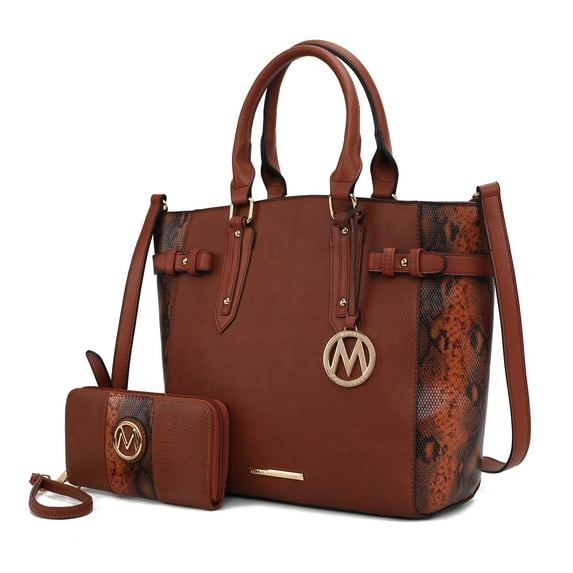 MKF Collection Joelle Women’s Faux-Snake Embossed Handbag Tote bag With Matching Wallet Purse by Mia K- 2 pieces - Cognac