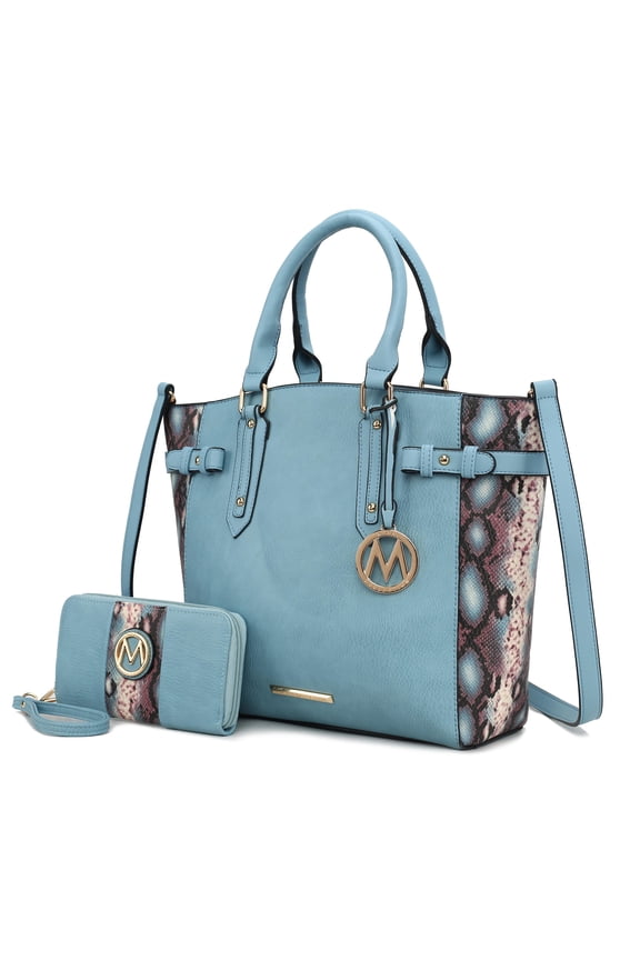 Joelle Women’s Faux-Snake Embossed Handbag Tote bag With Matching Wallet Purse by Mia K- 2 pieces - Denim