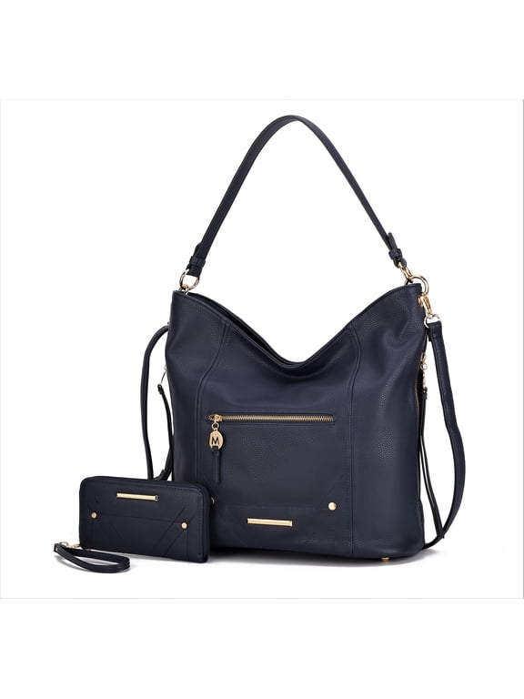 Jordina Vegan Leather Women's Shoulder Bag & Wristlet Wallet 2 pcs, Functional Purse Hobo Hanbag by Mia K - Navy