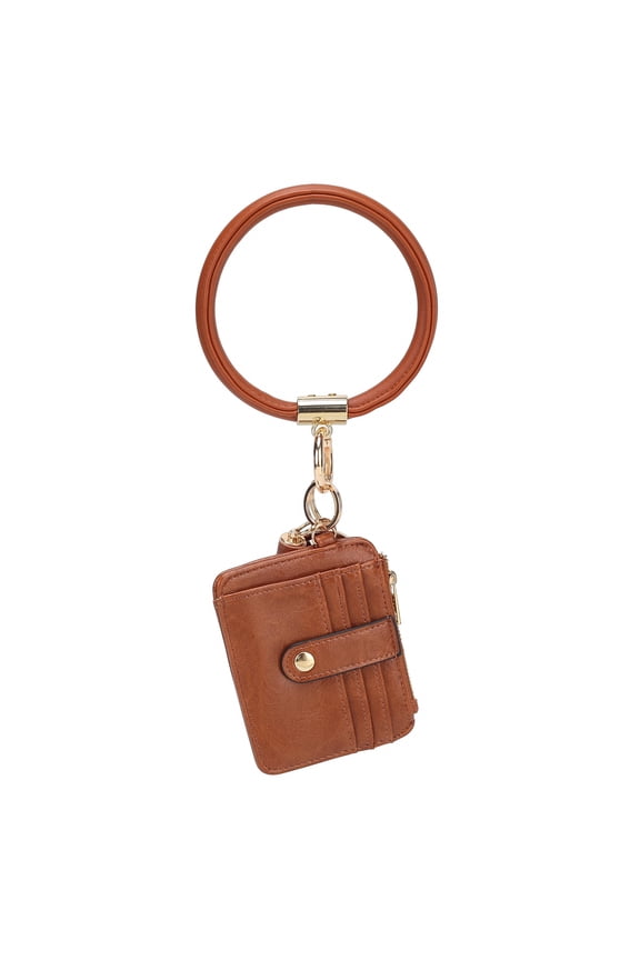 Jordyn Vegan Leather Bracelet Keychain with a Credit Card Holder by Mia K - Cognac Brown