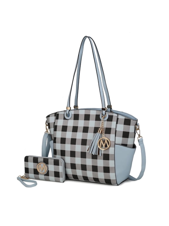 Karlie Vegan Leather Women's Tote Bag & Wristlet Wallet, Shoulder Bag Checker Handbag Set by Mia K