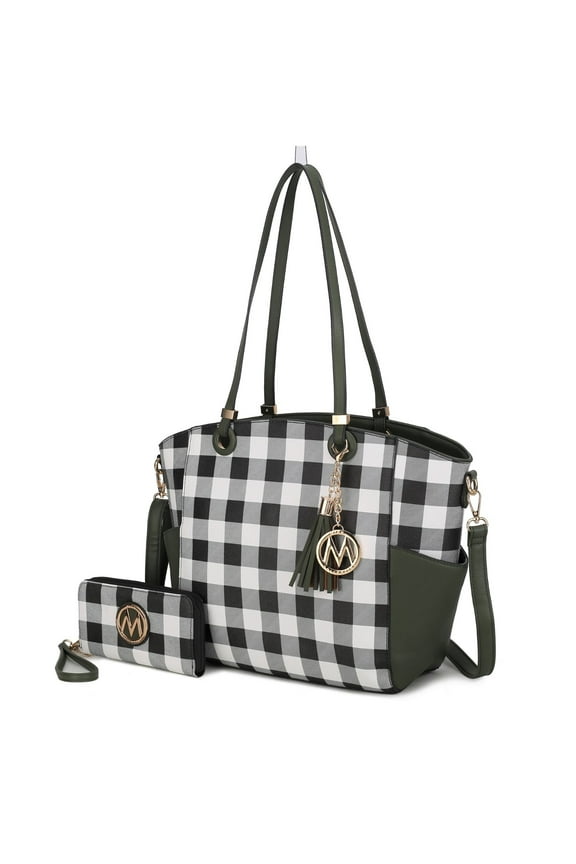 Karlie Vegan Leather Women's Tote Bag & Wristlet Wallet, Shoulder Bag Checker Handbag Set by Mia K - Olive