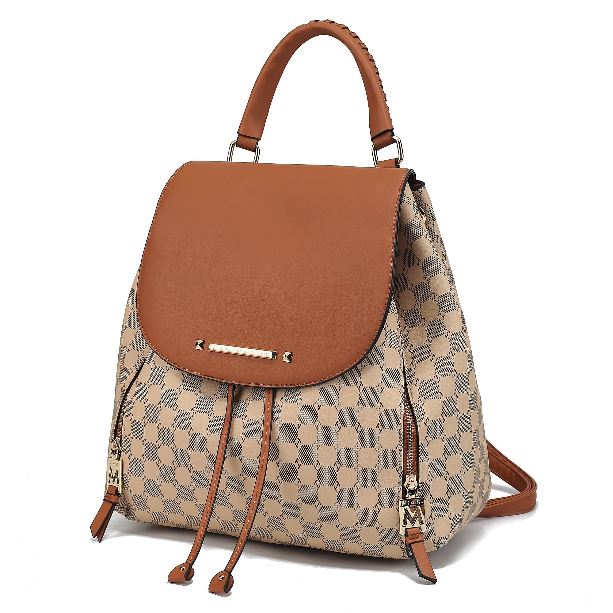 cognac vegan leather backpack Zip Top Backpack, Cognac, Laptop Compartment 840248744423 MKF Collection Kimberly Vegan Leather