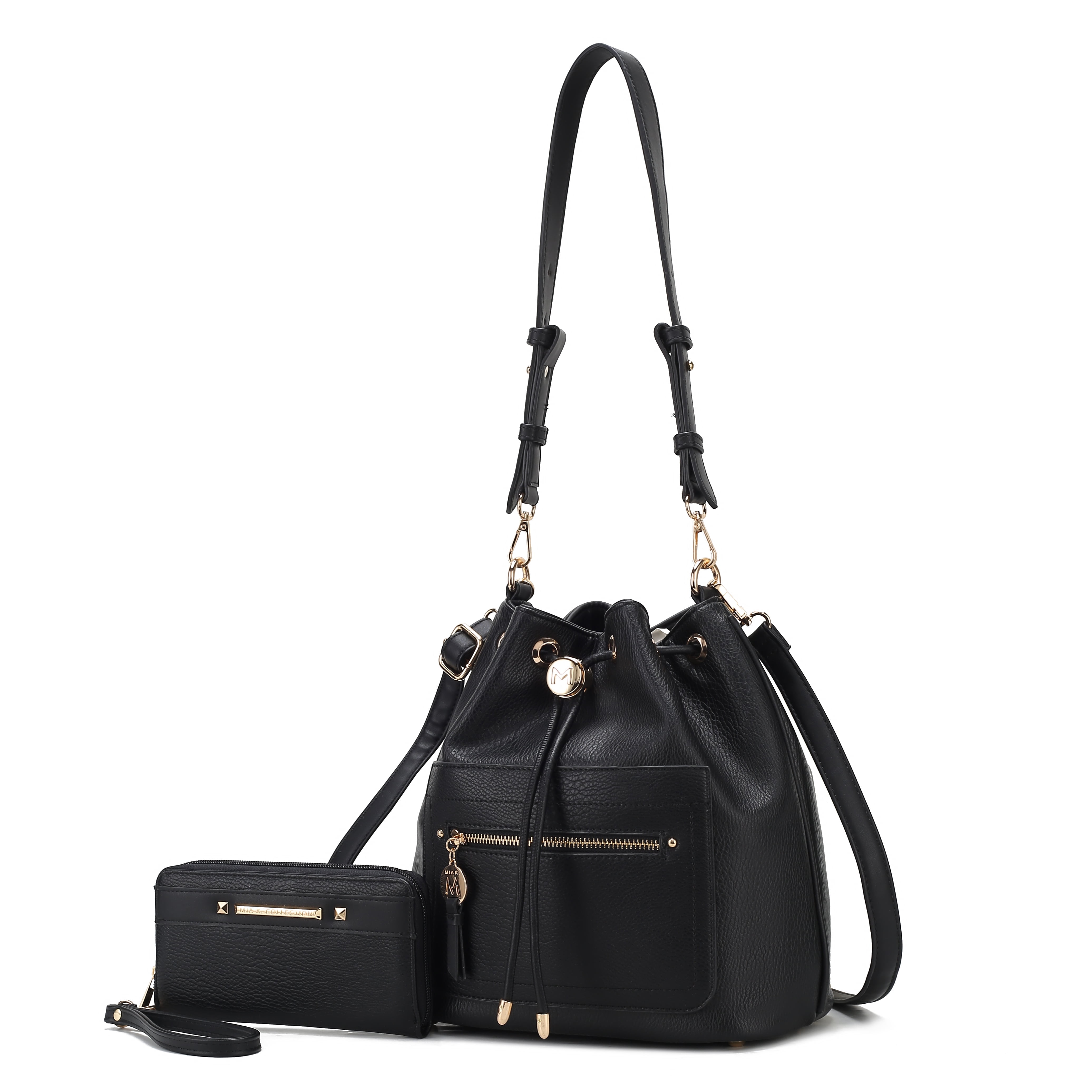 MKF Collection Larissa Vegan Leather Women's Bucket Bag & Wristlet Wallet, Drawstring Hobo Purse Handbag 2 Pcs by Mia K - Black