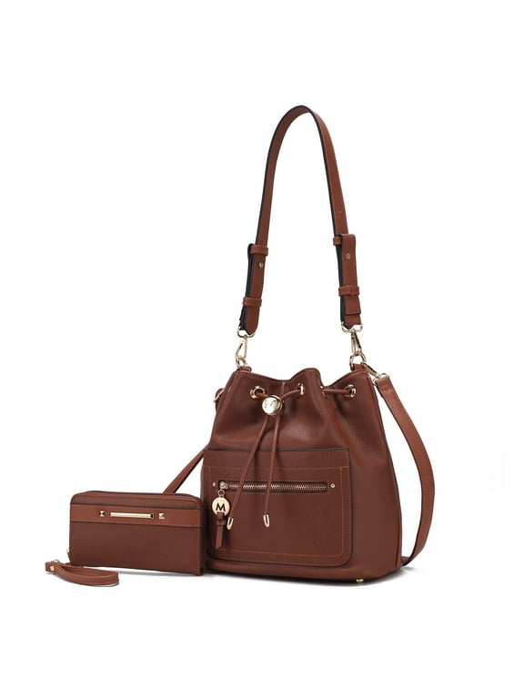 Larissa Vegan Leather Women's Bucket Bag & Wristlet Wallet, Drawstring Hobo Purse Handbag 2 Pcs by Mia K - Brown