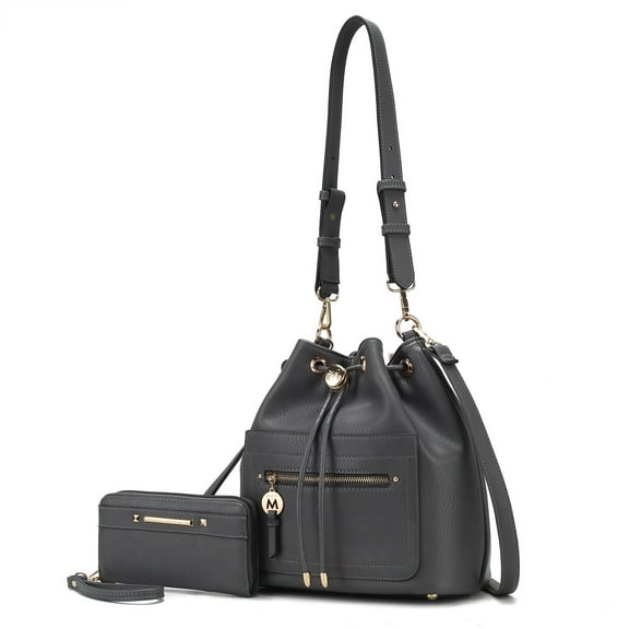MKF Collection Larissa Vegan Leather Women's Bucket Bag & Wristlet Wallet, Drawstring Hobo Purse Handbag 2 Pcs by Mia K - Charcoal Gray