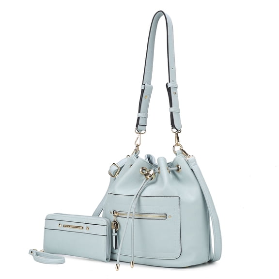 MKF Collection Larissa Vegan Leather Women's Bucket Bag & Wristlet Wallet, Drawstring Hobo Purse Handbag 2 Pcs by Mia K - Light Blue