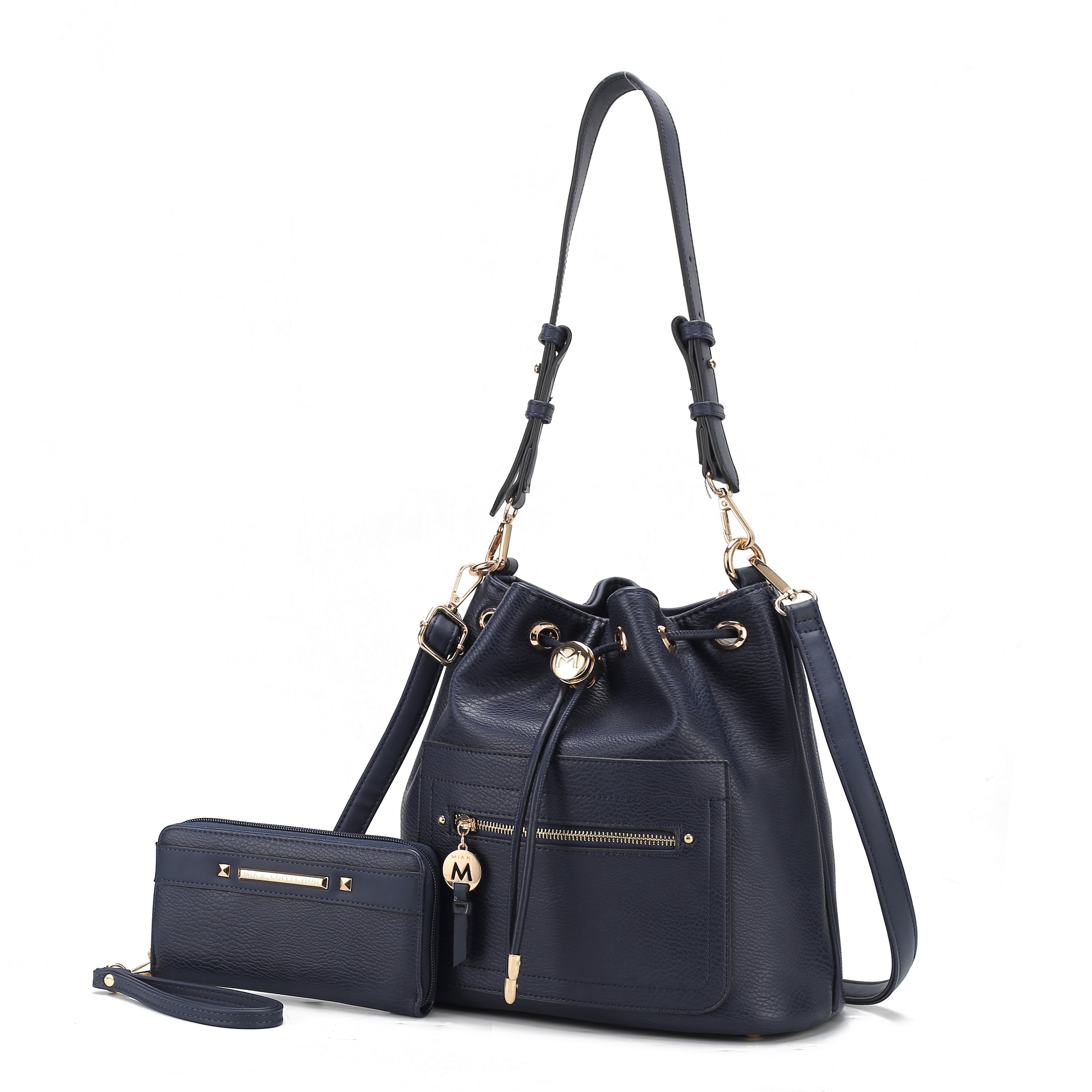 Walmart discounts of Free Shipping! MKF Collection Larissa Vegan Leather Women's Bucket Bag & Wristlet Wallet, Drawstring Hobo Purse Handbag 2 Pcs by Mia K - Navy - Walmart.com