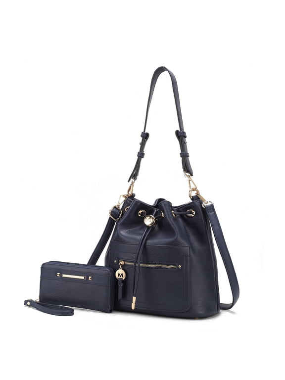Larissa Vegan Leather Women's Bucket Bag & Wristlet Wallet, Drawstring Hobo Purse Handbag 2 Pcs by Mia K - Navy
