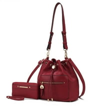 MKF Collection Larissa Vegan Leather Women's Bucket Bag & Wristlet Wallet, Drawstring Hobo Purse Handbag 2 Pcs by Mia K - Red