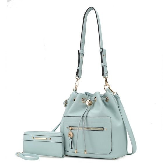 MKF Collection Larissa Vegan Leather Women's Bucket Bag & Wristlet Wallet, Drawstring Hobo Purse Handbag 2 Pcs by Mia K - Seafoam