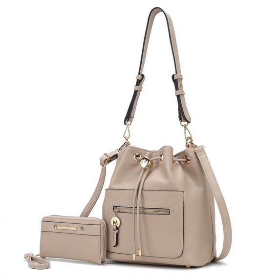 MKF Collection Larissa Vegan Leather Women's Bucket Bag & Wristlet Wallet, Drawstring Hobo Purse Handbag 2 Pcs by Mia K - Taupe