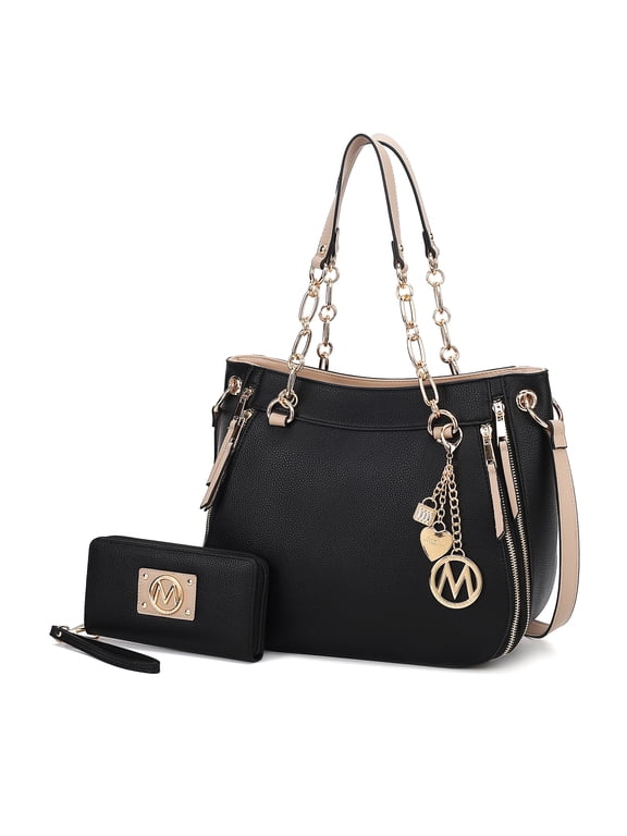 Lina Women's Tete Bag & Wallet Set,Vegan Leather Shoulder Bag Handbag Purse Set by Mia K. - Black Beige