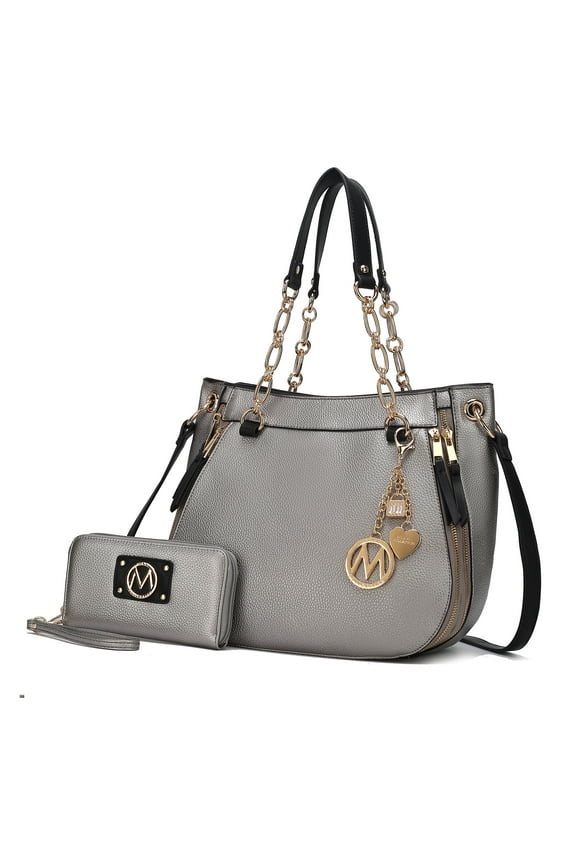 Lina Women's Tete Bag & Wallet Set,Vegan Leather Shoulder Bag Handbag Purse Set by Mia K. - Pewter