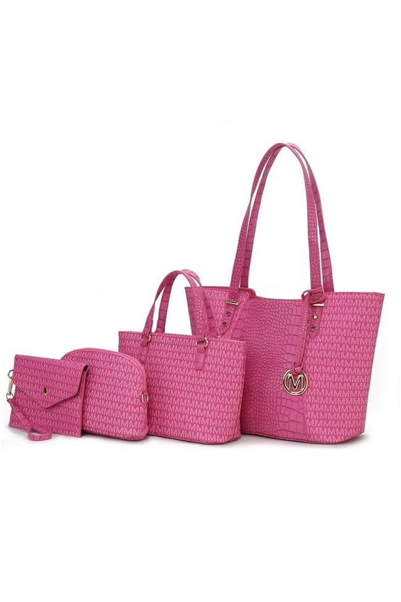 Lippa Women's Tote Bag, Wristlet Pouch Purse, Vegan Leather Handbag 4Pcs Set by Mia K - Fuchsia
