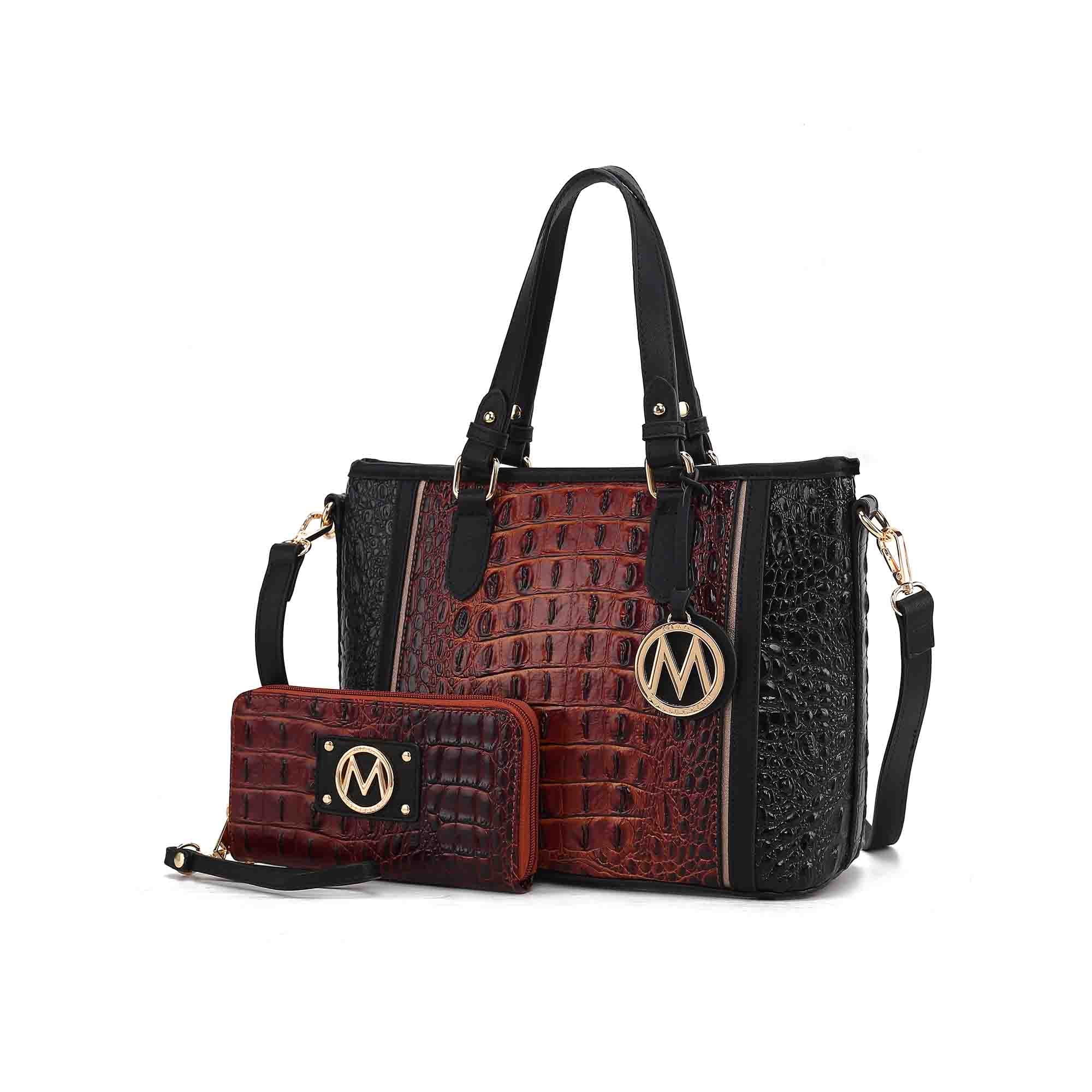 MKF Collection by Mia K. Lizza Women’s Croco Tote Bag, Vegan Leather Shoulder Bag Handbag Purse - Cognac Black