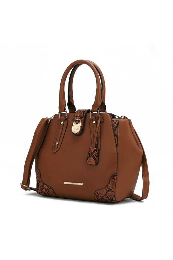 Lorena Faux Snake Embossed Vegan Leather Women's Satchel Bag, Elegant Crossbody Purse Handbag by Mia K - Cognac