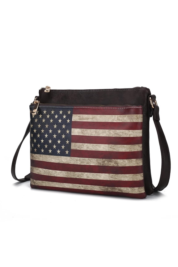Madeline Womens Crossbody Bag American Patriotic Vegan Leather Shoulder Bag USA Flag Chocolate Handbags Purse by Mia K