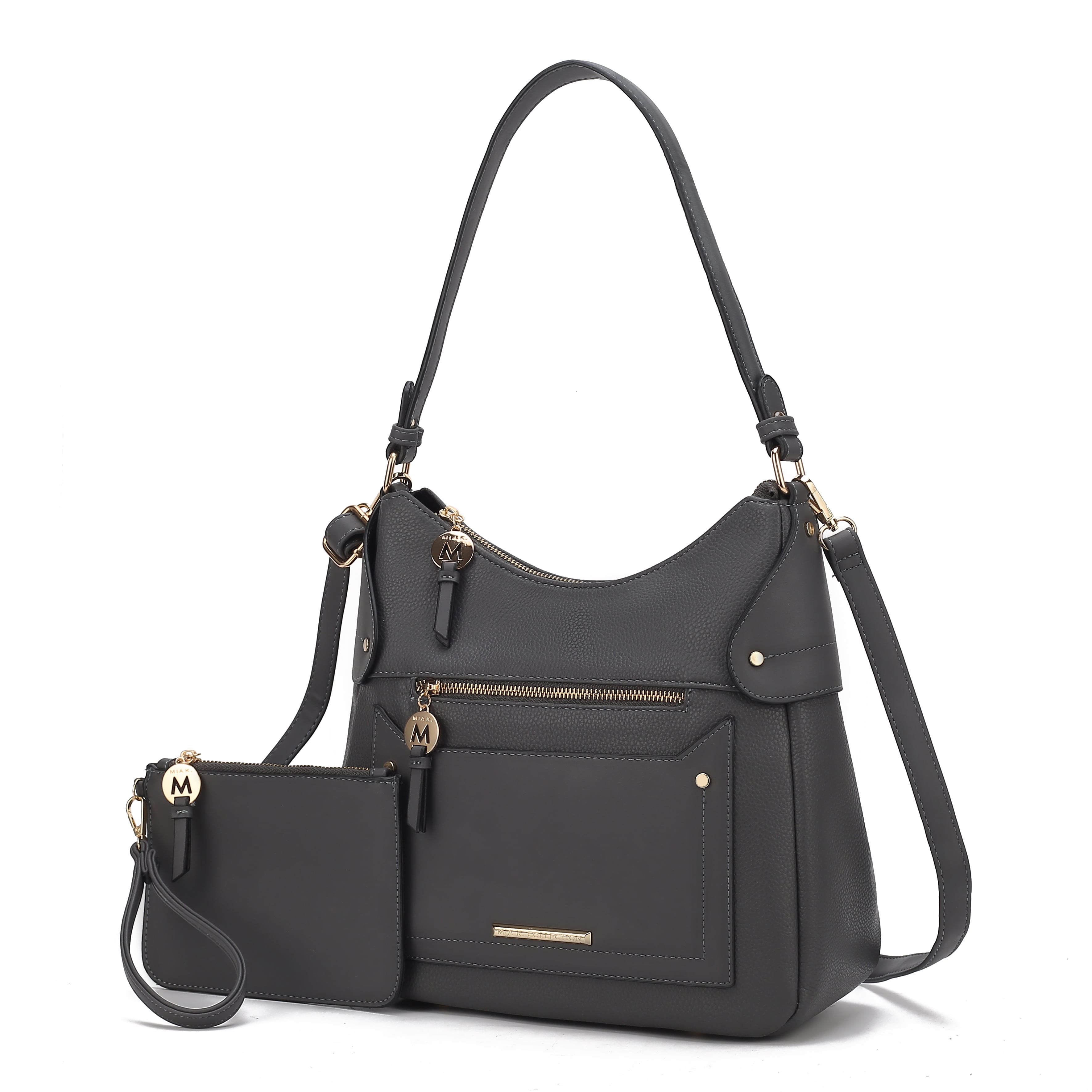 MKF Collection Maeve Vegan Leather Women's Shoulder Bag & Wristlet Pouch, Modern Hobo Purse Handbag by Mia K - Charcoal Gray