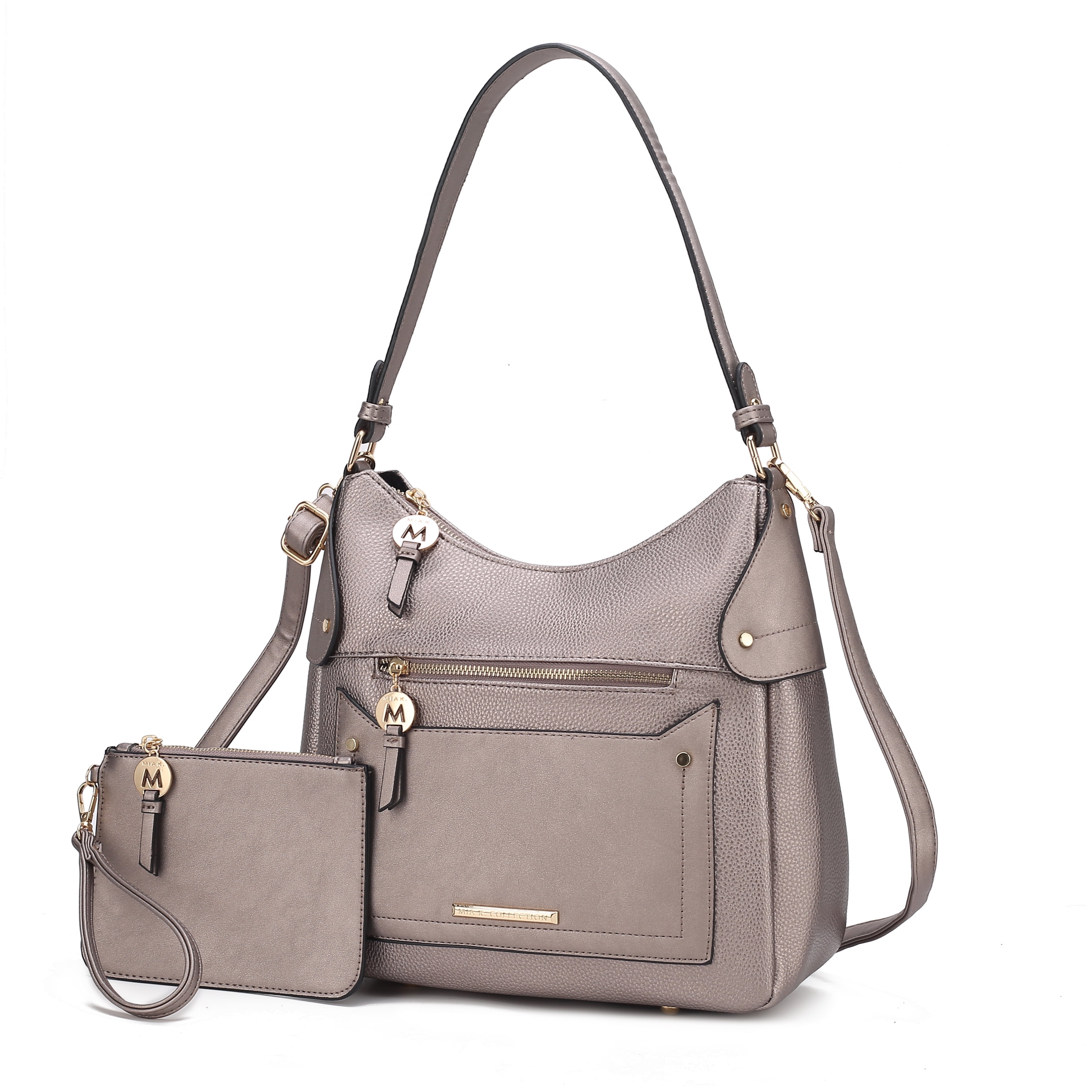 MKF Collection Maeve Vegan Leather Women's Shoulder Bag & Wristlet Pouch, Modern Hobo Purse Handbag by Mia K - Pewter