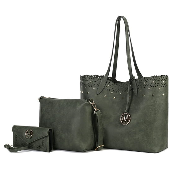 MKF Collection Mariahna 3-Piece Set – Shopper Tote Bag, Crossbody Purse, and Matching Wallet for Women – Vegan Leather Handbag Set by Mia K - Olive