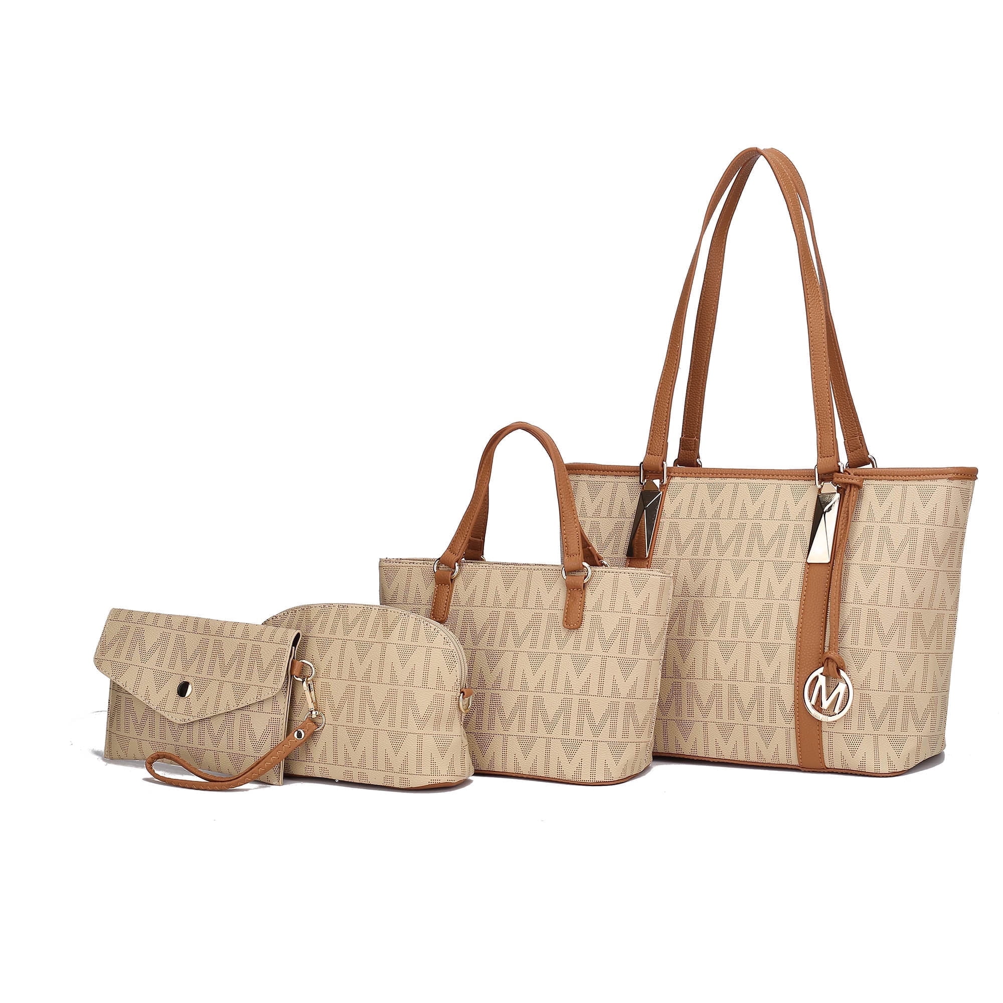 MKF Collection by Mia K. Marimar Women's Tote Bag with Pouch and Wristlet, Signature 4 Piece Set - Beige