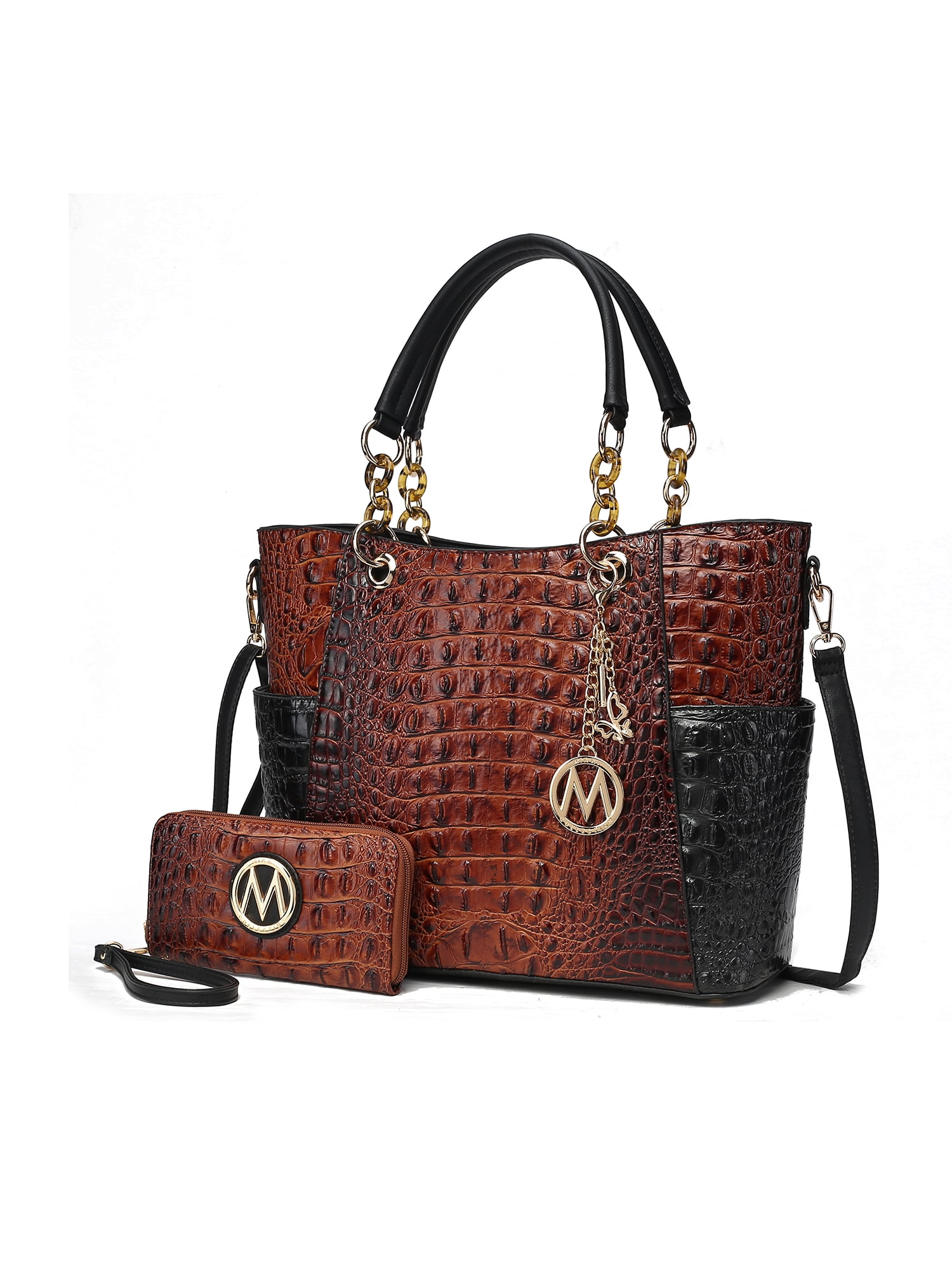 MKF Collection Merlina Faux Crocodile-Embossed Vegan Leather Women's Tote Bag, Shopper Purse Handbag & Wristlet Wallet 2 pcs by Mia K - Cognac Black