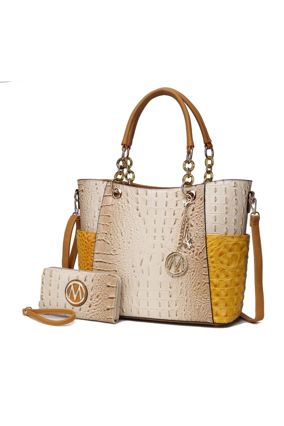 Merlina Women’s Tote Bag with Wallet,Crocodile Vegan Leather Handbag 2Pcs Set by Mia K - Beige Yellow