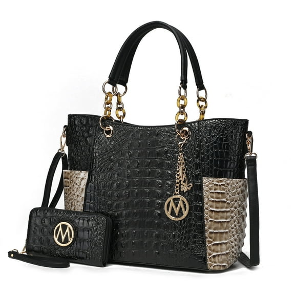 MKF Collection Merlina Women’s Tote Bag with Wallet,Crocodile Vegan Leather Handbag 2Pcs Set by Mia K - Black Light Gray